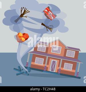 Tornado twisted cottage house, trees, car and pieces of furniture. Stock Vector