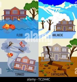 Set of natural disasters banners tornado, earthquake, avalanche, flood Stock Vector