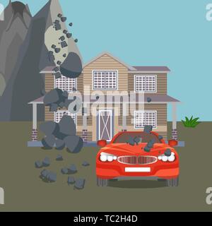 Flood realistic natural disaster vector illustration. Cottage house, car, trees Stock Vector