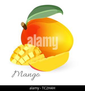 Exotic mango tropical fruit with green leaf sliced and whole Stock Vector