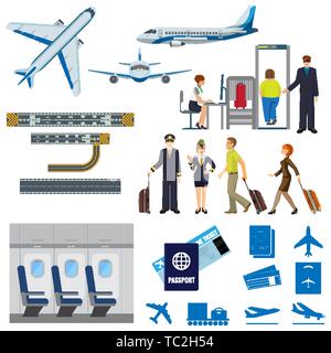 Vector flying passenger aircrafts, plane, check-in, pilot and stewardess Stock Vector