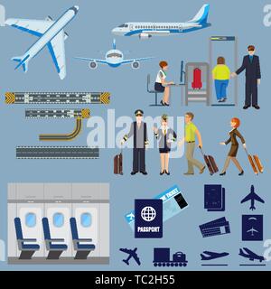 Vector flying passenger aircrafts, plane, check-in, pilot and stewardess Stock Vector