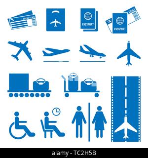 Airline colourless signs set. Passports and tickets, airplane flying, baggage Stock Vector