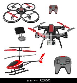 Helicopter and quadrocopter, quadcopter with camera, remote controls set Stock Vector