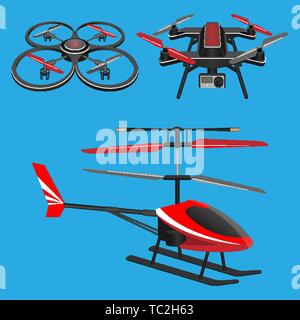 Red helicopter, dark quadrocopters with and without video camera toys Stock Vector
