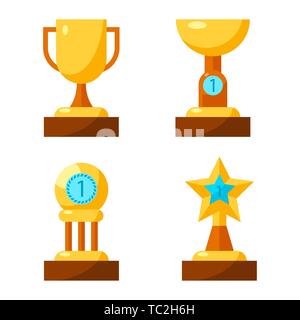 Trophy golden awards collection of four cups on white. Stock Vector