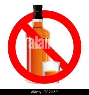 Bottle of alcohol drink and stemware in no allowed sign Stock Vector