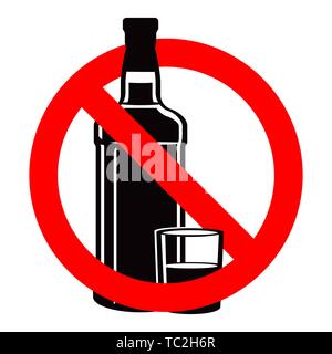 Bottle of alcohol drink and stemware in no allowed sign Stock Vector