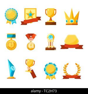 Hanging medals, glass awards, gold cups and crowns collection Stock Vector