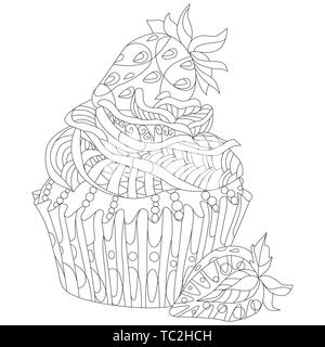 Vector piece of cake with strawberry. Hand drawn illustration for coloring book for adult in zentangle, doodle style. Coloring pages. Stock Vector