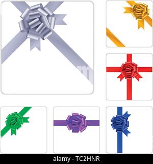 Vector illustration. Square boxes with color bows and ribbons. Stock Vector