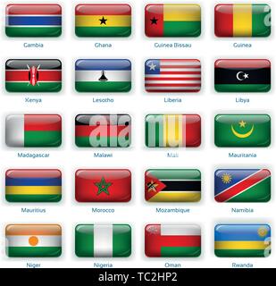 Button flags Africa two. Vector illustration. 3 layers. Shadows, flat flag you can use it separately, button. Collection of 220 world flags. Accurate colors. Easy changes. Stock Vector