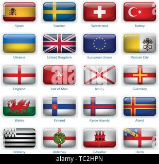Button flags Europe three. Vector illustration. 3 layers. Shadows, flat flag you can use it separately, button. Collection of 220 world flags. Accurate colors. Easy changes. Stock Vector