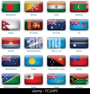 Button flags South Asia and Oceania. Vector illustration. 3 layers. Shadows, flat flag you can use it separately, button. Collection of 220 world flags. Accurate colors. Easy changes. Stock Vector