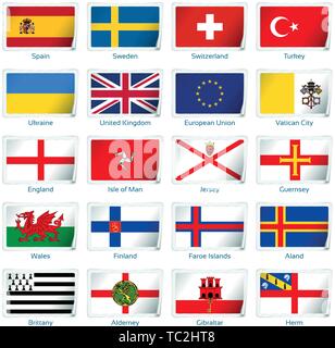 Sticker flags Europe three. Vector illustration. 3 layers. Shadows, flat flag you can use it separately, sticker. Collection of 220 world flags. Accurate colors. Easy changes. Stock Vector
