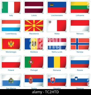 Sticker flags Europe two. Vector illustration. 3 layers. Shadows, flat flag you can use it separately, sticker. Collection of 220 world flags. Accurate colors. Easy changes. Stock Vector