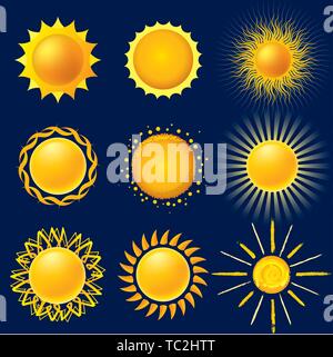 Vector illustration. Nine sun icons isolated in shiny style. Stock Vector