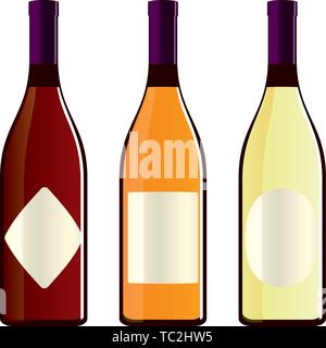 Vector illustration. Three individual wine bottles with blank labels. Stock Vector