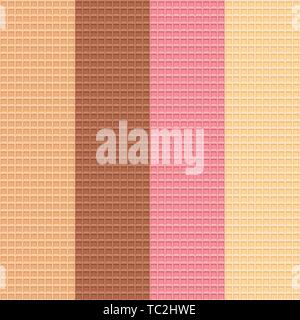Vector illustration. Cooked waffers seamless background in four colors. Stock Vector