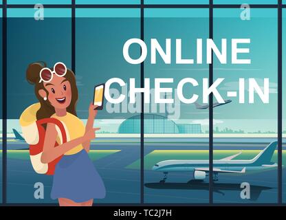 Backpacking woman wwith online check-in at airport Stock Vector