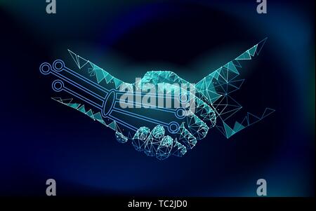 Low poly handshake future industrial revolution concept. AI artificial and human union. Online technology agreement industry management. 3D polygonal Stock Vector