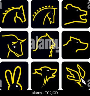 Vector illustration. Set of animal head icons on square buttons. Geometric style. Stock Vector