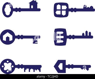 Vector illustration. Set of six home keys in dark blue. Plain style. Stock Vector