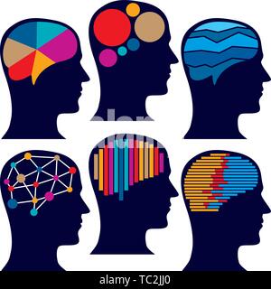 Vector illustration. Six brain icons in flat and colored style. Stock Vector