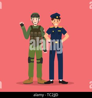Soldier and police in different character on red background Stock Vector