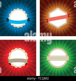 Vector illustration. Four shiny geometric badges with ribbons in different colors. Stock Vector