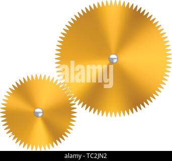 Vector illustration. Two gold metallic watch gears or cogs with reflects. Stock Vector