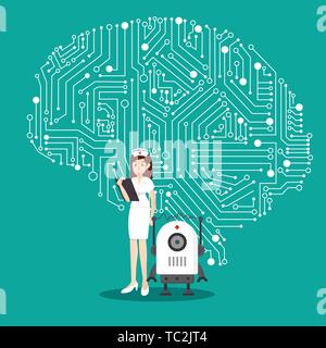 Nurse and intellligent robot with brain mechanism design Stock Vector