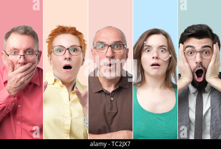 Collage of men and women with glasses feeling shocked and stressed. Stock Photo