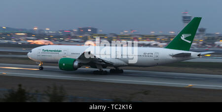 ISTANBUL, TURKEY - JANUARY 19, 2019: Turkmenistan Airlines Boeing 777-22KLR (CN 42297) takes off from Istanbul Ataturk Airport. TUA with 29 fleet size Stock Photo