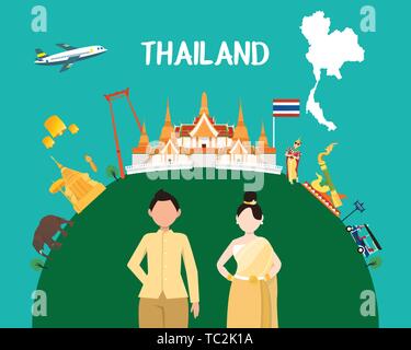 Traveling to Thailand by landmarks map illustration Stock Vector