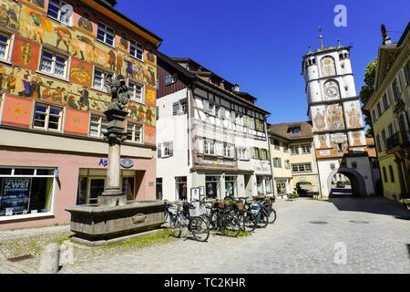 Picturesque street and Frauentor in the Old town of Wangen, Wangen im Allgäu, Baden-Württemberg, Germany. A historic city in east Baden-Wuerttemberg. Stock Photo