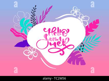 Cute scandinavian greeting card with calligraphic lettering text Hello Summer. Label template with funny plants and flowers in vector. Holiday travel Stock Vector