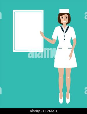 Friendly and beauty smiling woman doctor showing the board. Flat vector illustration isolated on blue. Medical template background Stock Vector