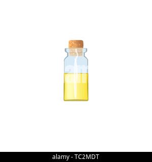Oil empty phial with yellow liquid and cork, tranparent icy-white vial, scent bottle, medicine bottle, jar. For drugs, pills, medicine, aromatherapy,  Stock Vector