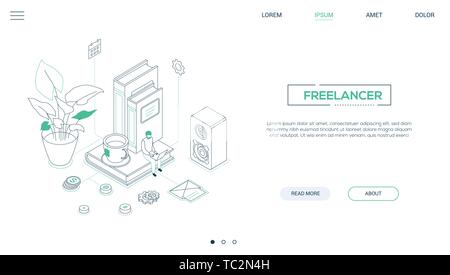 Freelancer - line design style isometric web banner Stock Vector