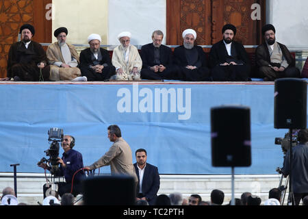 Tehran, Iran. 04th June, 2019. Iranian President Hassan Rouhani (3-R) and government officials attend a ceremony marking the 30th death anniversary of former Iranian supreme leader Ayatollah Ruhollah Khomeini, in his shrine. Credit: Saeid Zareian/dpa/Alamy Live News Stock Photo