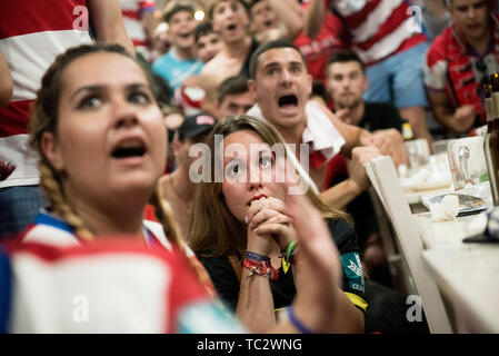 Granada, Spain. 04th June, 2019. Granada CF fans watches the end of the match between Granada CF and Mallorca.Supporters of the Granada Football Team celebrate the promotion to the Santander League (Spanish First Football League) of their team after get the second place in the Spanish Second League Credit: SOPA Images Limited/Alamy Live News Stock Photo