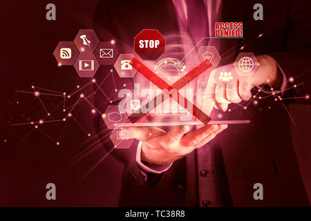 Business man secures personal information on tablet, Data protection privacy concept, access denied Stock Photo