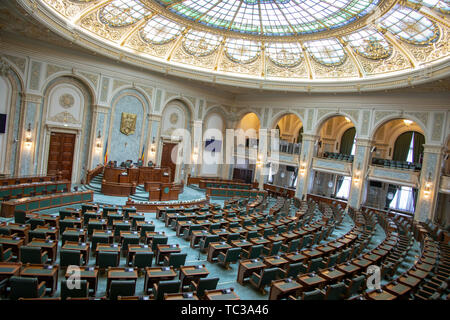 Senate Chamber inside the Palace of Parliament in Bucharest, Romania. Stock Photo