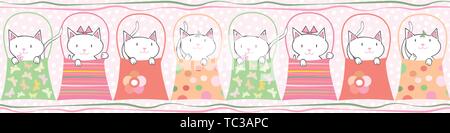 Cute hand drawn cats in handbags in pastel geometric seamless vector border With subtle polka dot background and horizontal ribbons. Great for Stock Vector