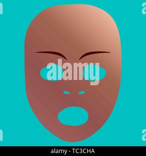 Theatrical mask with astonished emotion. Vector illustration. Bronze mask with gradient on turquoise background. Stock Vector