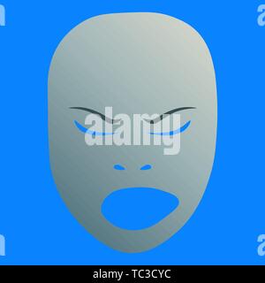 Theatrical mask with angry emotion. Vector illustration. Silver mask with gradient on blue background. Stock Vector