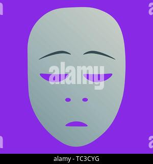 Theatrical mask with repentance emotion. Vector illustration. Silver mask with gradient on purple background. Stock Vector