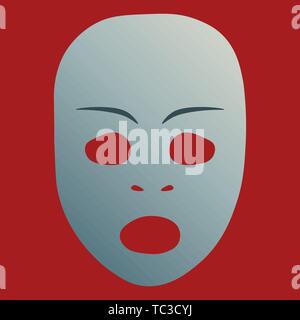 Theatrical mask with astonished emotion. Vector illustration. Silver mask with gradient on red background. Stock Vector