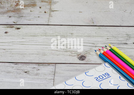 Colored pencil in wood grain background and 2019 efficiency manual Stock Photo